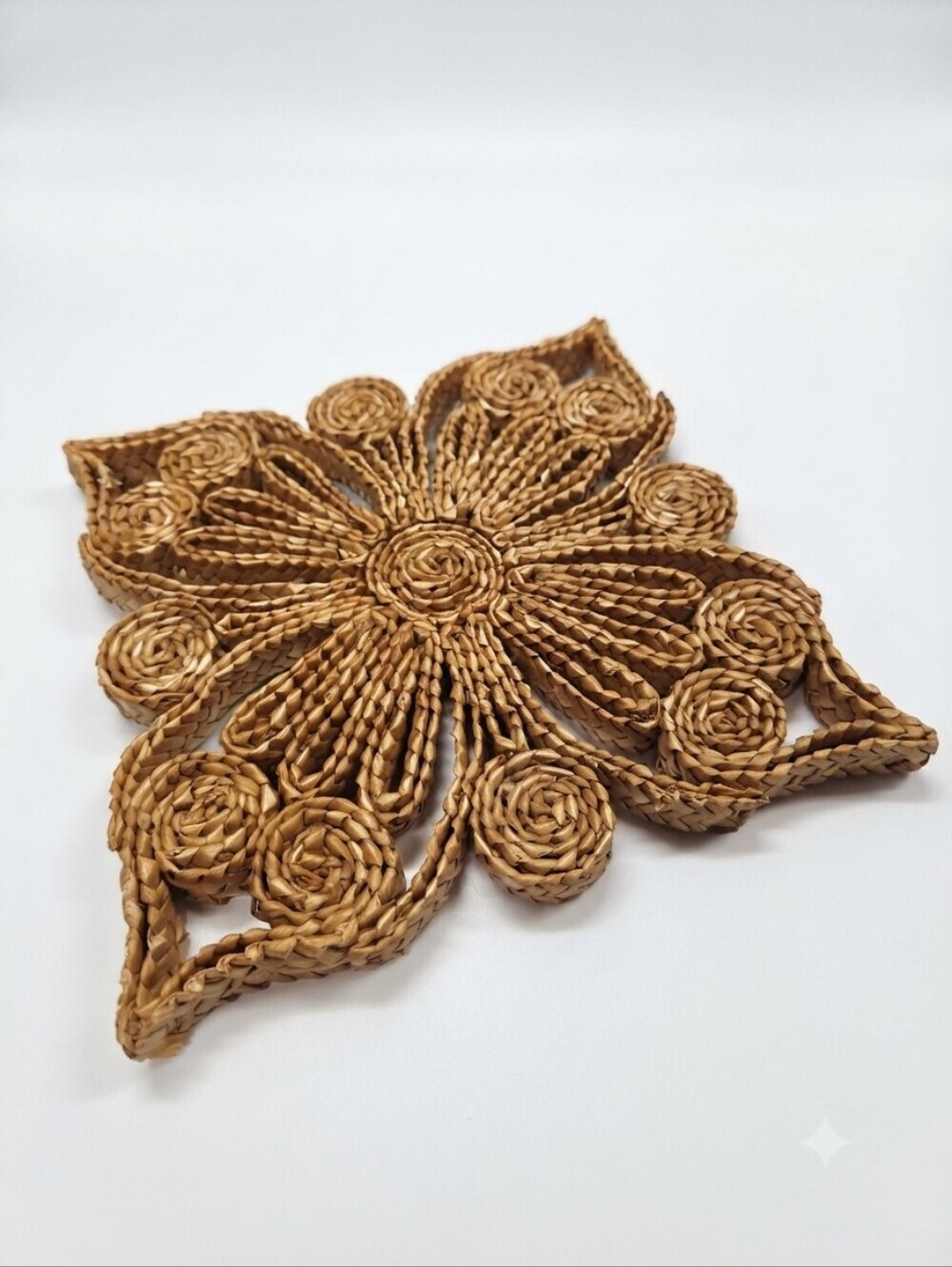 Vintage 1970s Woven Rattan Starburst Trivet - Boho Mid-Century Modern